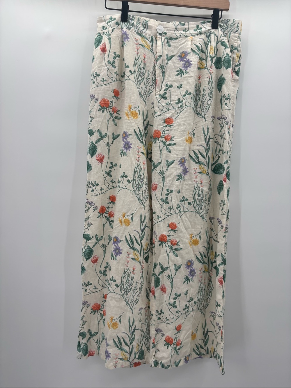 Laura Ashley Cream Floral Print Elastic-Waist wide Leg Pants Linen Blend Large